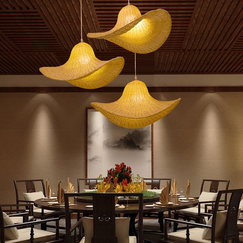 16"/19.5" Long South-east 1-Bulb Hanging Pendant with Rattan Beige Straw Hat Shaped Drop Light for Restaurant Tea House