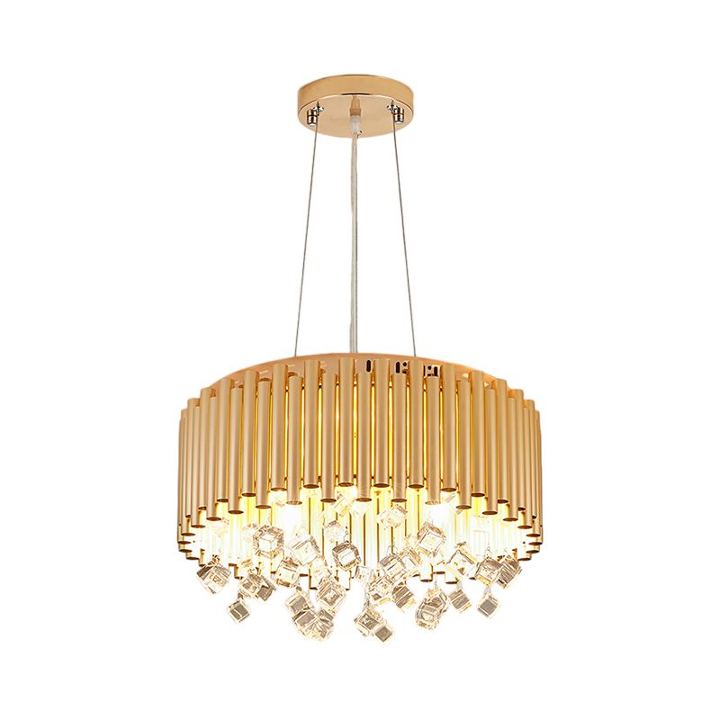 4/5 Lights Drum Hanging Pendant Light Modern Metal Chandelier Light with Cubic Crystal Accent in Gold, 16"/19.5" W