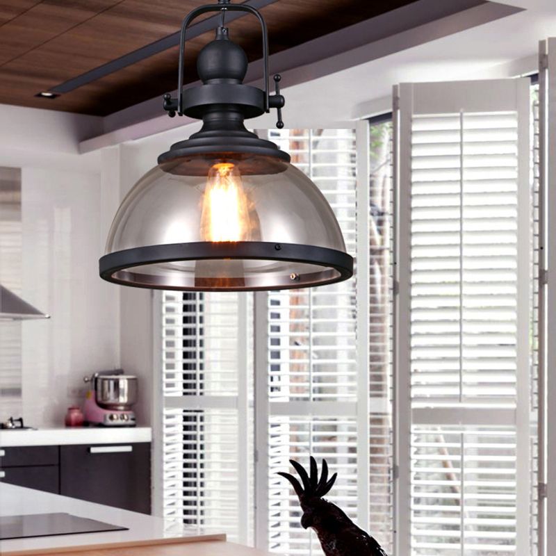 Industrial Style Pot Lid Pendant Lamp 1-Light Clear Glass Ceiling Fixture with Handle in Black