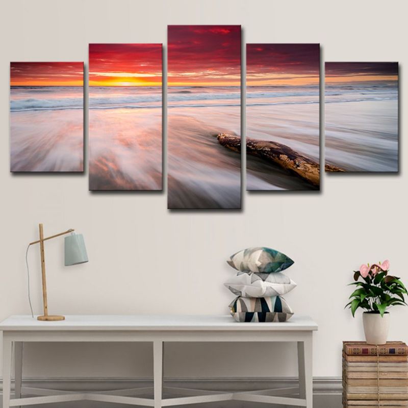 Orange Twilight at Beach Canvas Seascape Modern Multi-Piece Wall Art Print for Bedroom