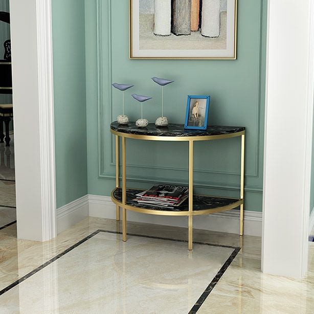 Modern Half Moon Console Table with Storage Shelf and Marble Top