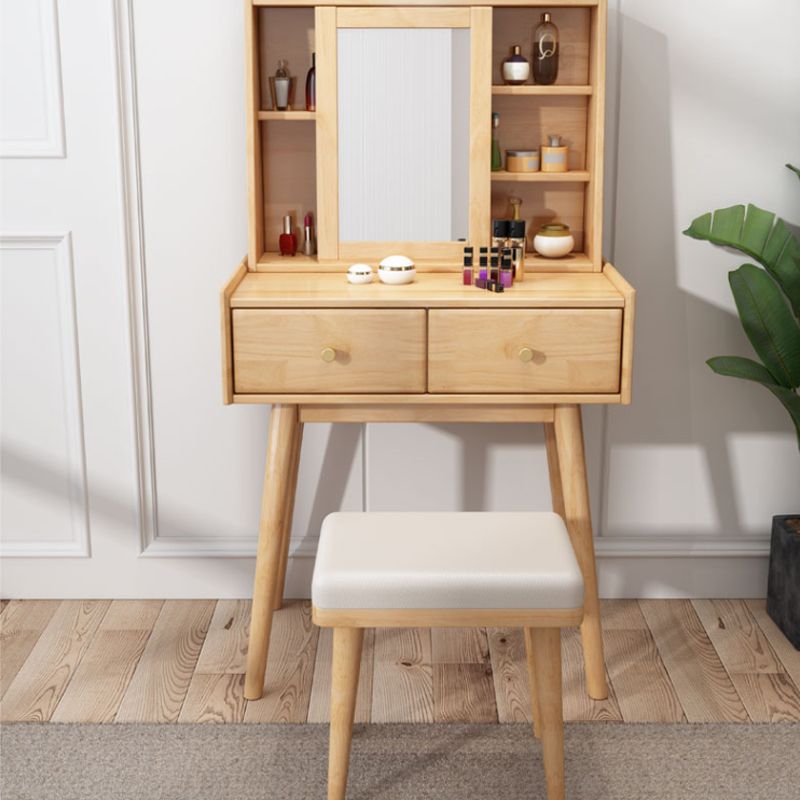 Modern 2-Drawers Solid Wood Dressing Table Mirror Makeup Table