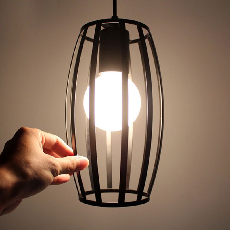 Black Barrel Shaped Hanging Lighting Industrial Bistro Cage Suspension Pendant Lamp