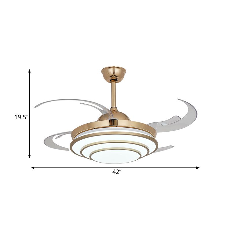 Minimalism Circle Fan Light LED Metal 4 Clear Blades Semi Flush Mount Ceiling Fixture in Gold for Living Room, 42" Width