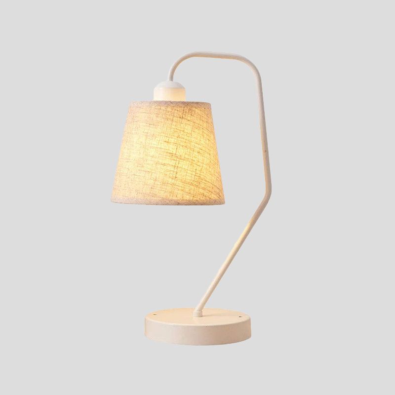 White Barrel Table Lighting Modern 1 Head Fabric Night Lamp with Curved Arm for Bedroom