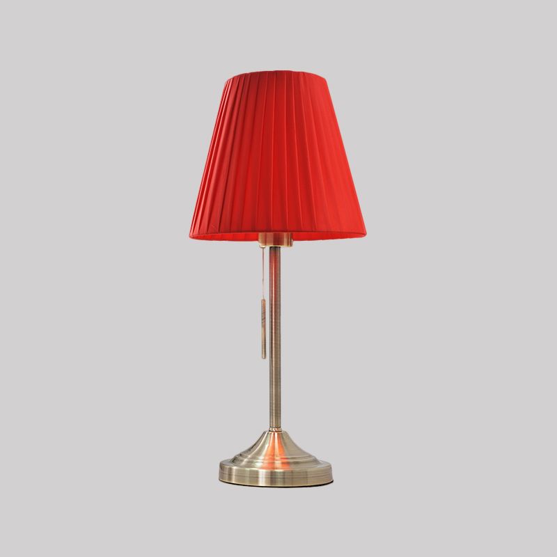 Modern Conic Night Lamp Pleated Fabric 1-Light Bedroom Metallic Table Light in Beige/Red with Pull Chain