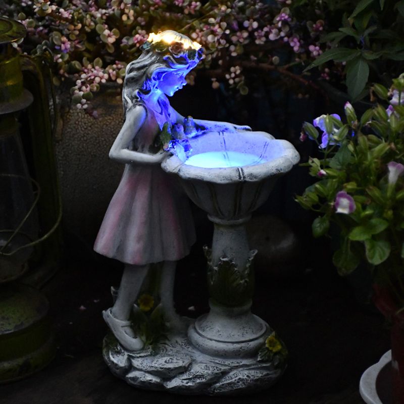 Pink Fairy Girl Solar Garden Light Modern Resin LED Ground Lamp with Font Shade for Yard