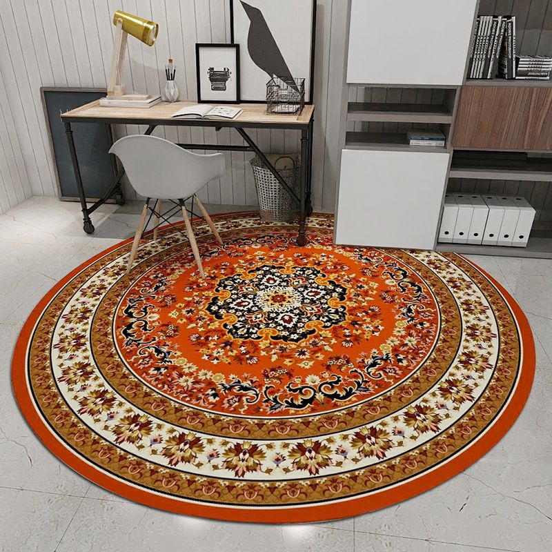 Round Yellow Tone Traditional Indoor Rug Polyester Floral Print Rug Non-Slip Backing Indoor Rug for Living Room