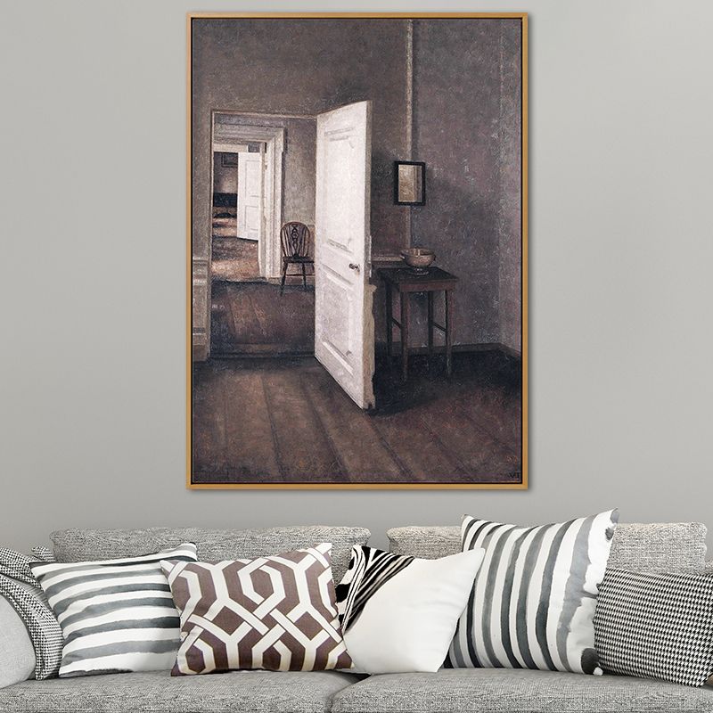 Grey House Interior View Painting Textured Traditional Sitting Room Wall Art