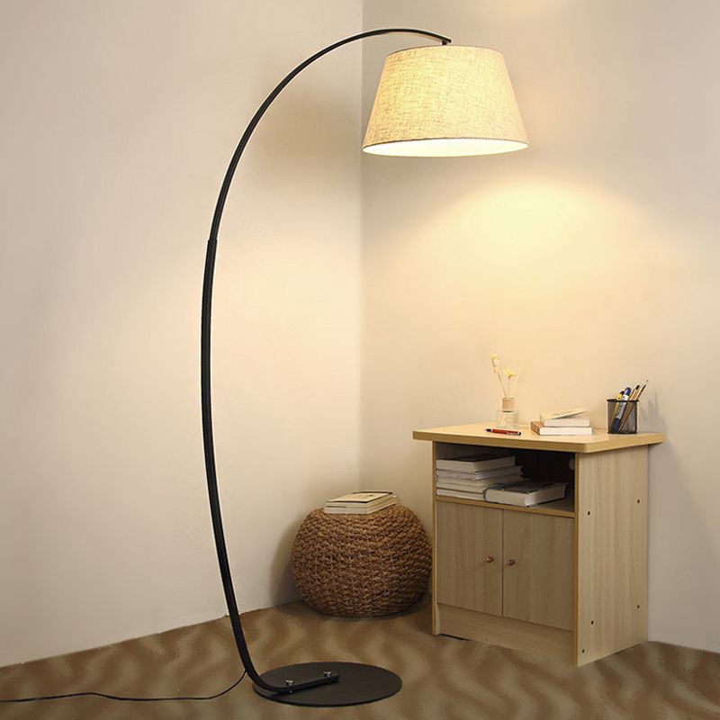 Contemporary Tapered Floor Lamp Fabric LED Standing Light in White/Black with Arc Arm