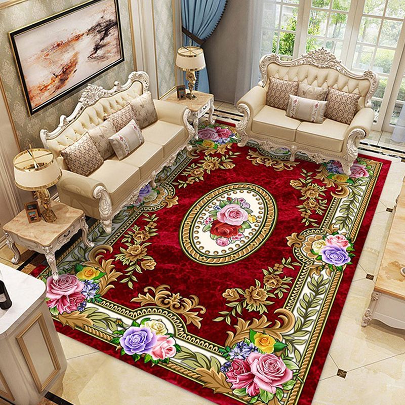 Traditional Area Rug Multicolor Floral Pattern Carpet Stain Resistant Polyester Rug for Home Decor