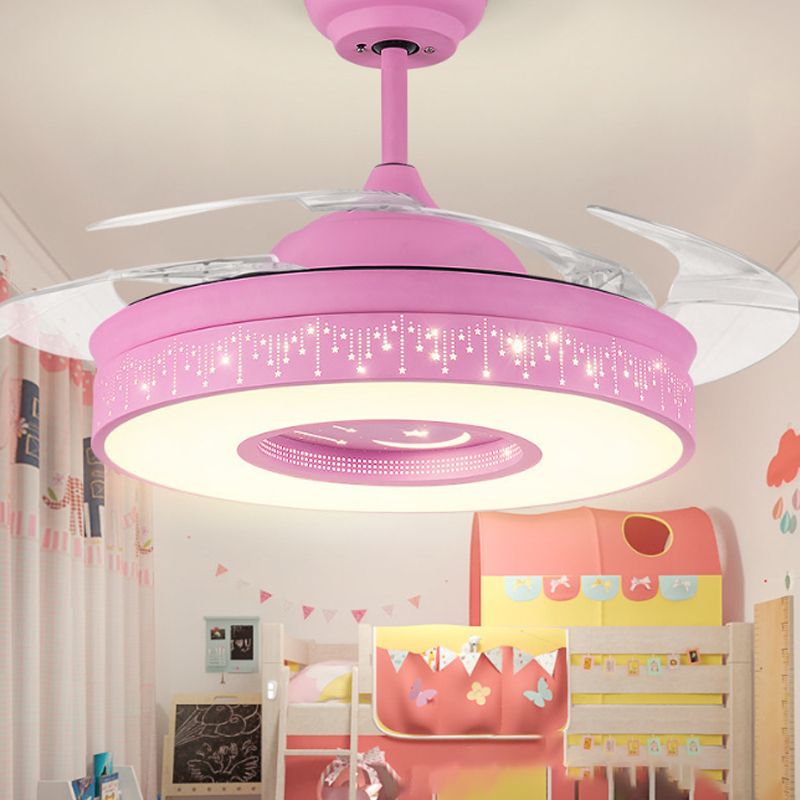 14"/16.5" W Modern LED Fan Lighting Pink/Blue/Green Drum 4 Blades Semi Flush Light with Acrylic Shade, Remote Control