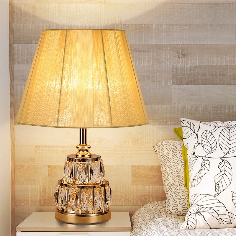 Fabric Tapered Task Light Modern 1 Bulb Gold Nightstand Lamp, 2-Tier Clear Crystal Base