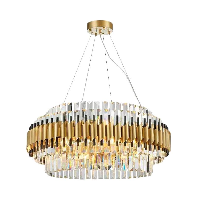 Postmodern 12 Heads Ceiling Pendant Light Gold Drum Chandelier Lamp with Three Sided Crystal Rod Shade