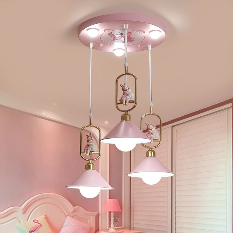 Cartoon Cone Shade Multi Ceiling Light Metallic 6 Bulbs Nursery Suspension Lighting with Resin Figurine in Pink