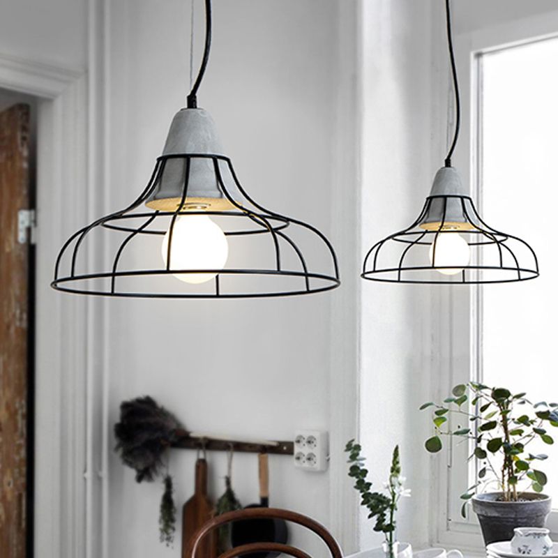 Industrial Cylinder/Dome/Arc Cage Pendant 1 Bulb Iron Hanging Light Kit in Black with Cement Cap