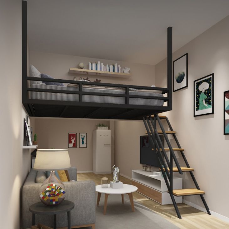 Scandinavian Metal Loft Bed White/Black Built-In Ladder Kids Bed