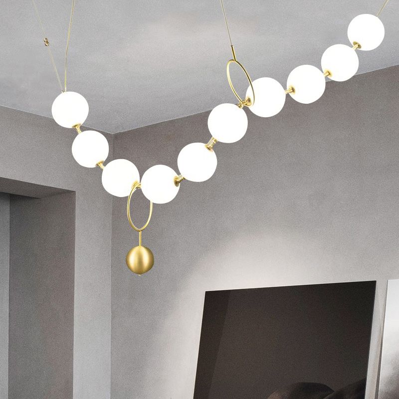 Necklace-Shape Dining Table Chandelier Milk Glass 10 Lights Simple Hanging Light in Gold