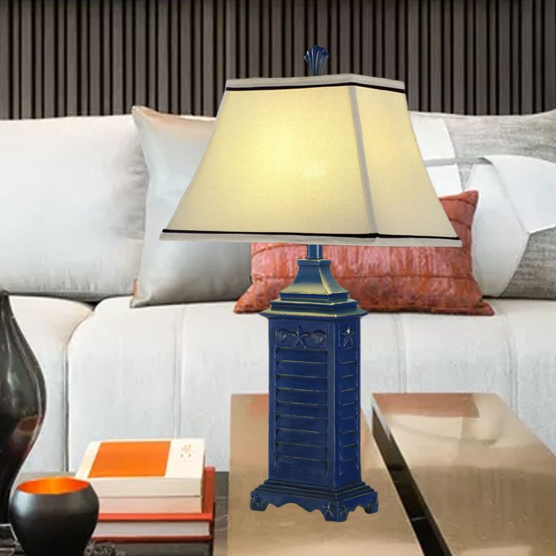 1-Light Pagoda Night Table Lamp Retro White Fabric Nightstand Light with Dark Blue Pedestal