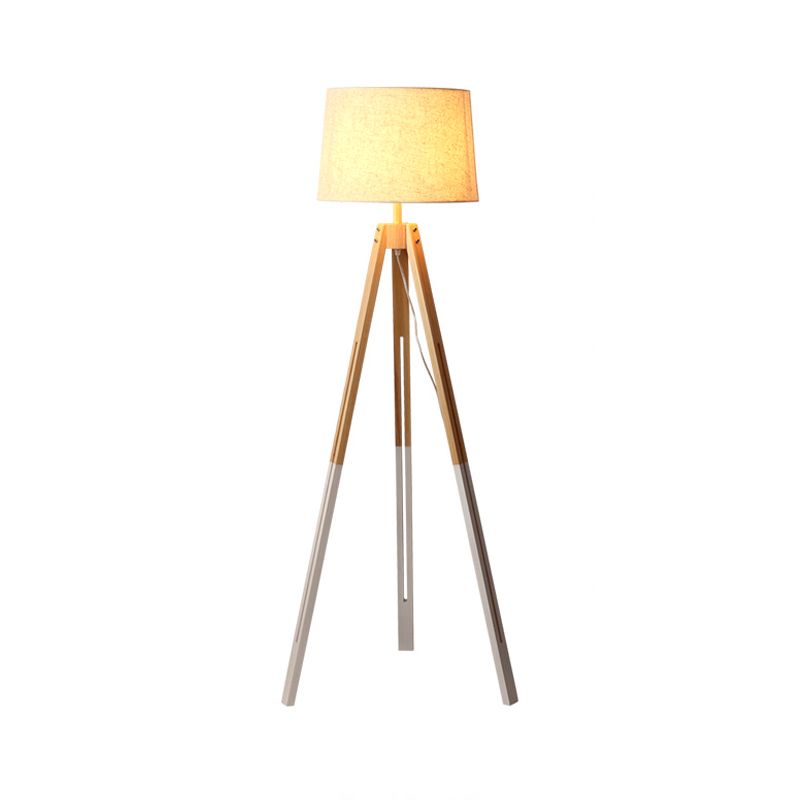 3-Legged Drum Shade Floor Light Modern Fabric 1 Bulb Black/White and Wood Floor Standing Lamp for Living Room