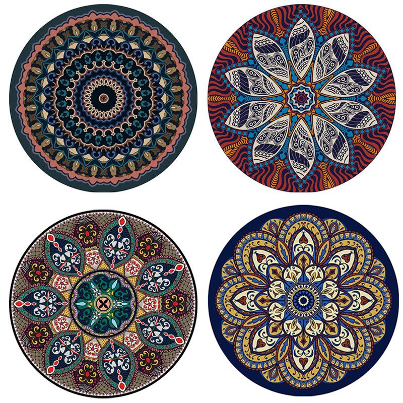 Round Multicolor Antique Area Carpet Polyester Floral Printing Rug Easy Care Carpet for Living Room