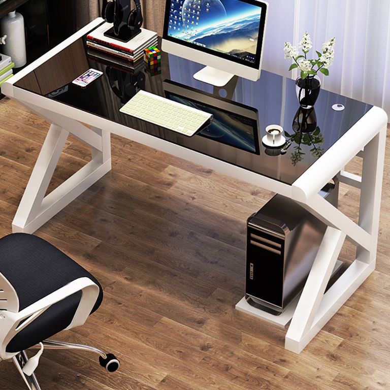 Contemporary Rectangular Computer Desk Toughened Glass Desktop Trestle Base Desk