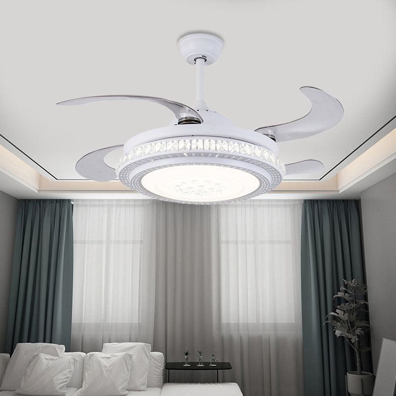 42" W Circular Metal Hanging Fan Lamp Contemporary LED Bedroom Semi Flush Mount Light in White with 4 Blades, Remote Control/Frequency Conversion and Remote Control