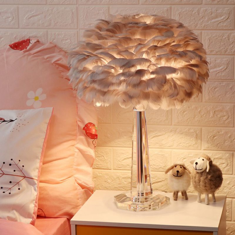 1-Light Bedside Night Lamp Nordic Table Light with Layered Feather Shade and Crystal Accent