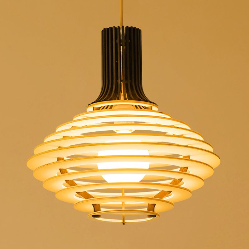 Asia Bulbe Single Pendule Light Black / Beige Vin Bot en forme de lampe suspendue en forme de cage en bois