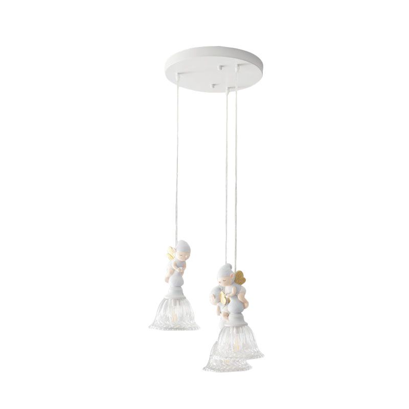 3/6-Head Multi Light Pendant Kids White Hanging Lamp with Flared Clear Glass Shade and Butterfly Fairy Decor