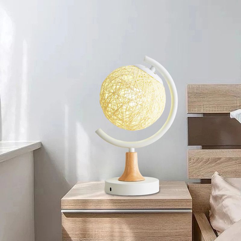 Metallic Globe Nightstand Light Asia Style 1 Light Table Lamp in White/Grey/Green with Rattan Shade