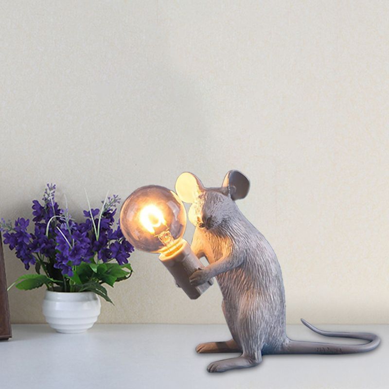 Resin Servant Mouse Night Light Kids Novelty 1 Bulb White Table Lighting for Bedside