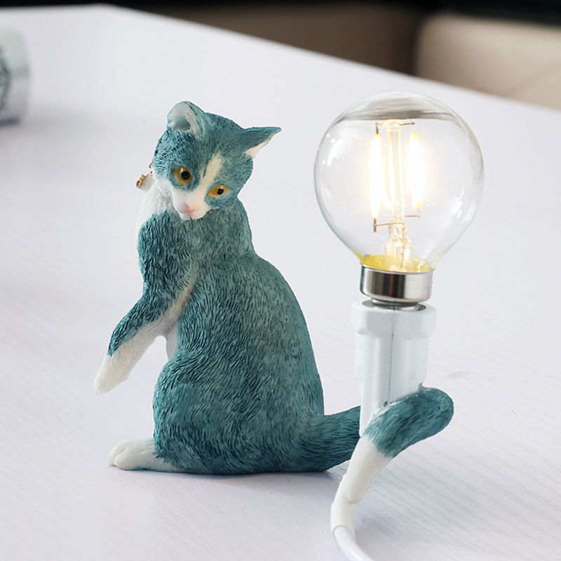 Tabby Cat Holder Table Lamp Kids Iron 1 Bulb Black/Yellow/Blue Nightstand Light with Bare Bulb Design