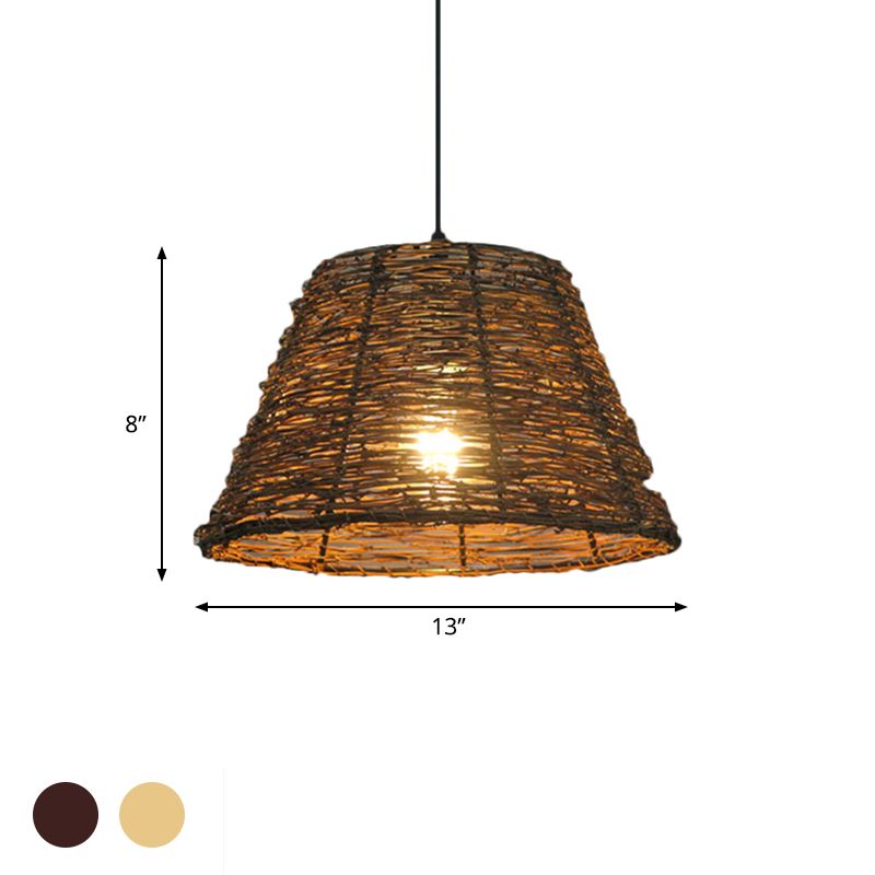 1 Bulb Restaurant Hanging Pendant Light with Conic Rattan Shade Asian Style Beige/Brown Ceiling Lighting