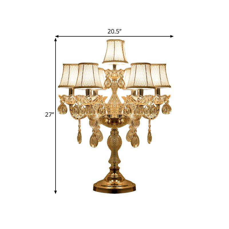 Gold 5/6/7 Bulbs Night Stand Lamp Traditional Clear Crystal Candlestick Table Light with White Bell Fabric Shade