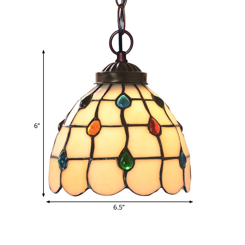 White Glass Copper Suspension Light Lattice Dome 1 Light Victorian Hanging Lamp Kit with Gem Pattern