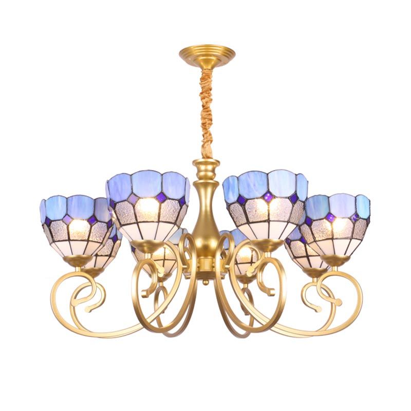 Bowl Chandelier Lighting Baroque Stained Art Glass 8 Lights Gold Down Lighting Pendant