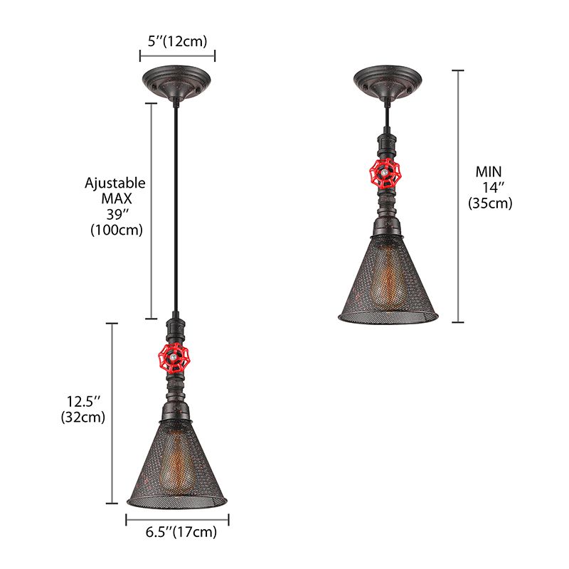 1 iluminación colgante de sesa de malla de bombilla con tono de cono y válvula estilo válvula de óxido lámpara colgante metálica