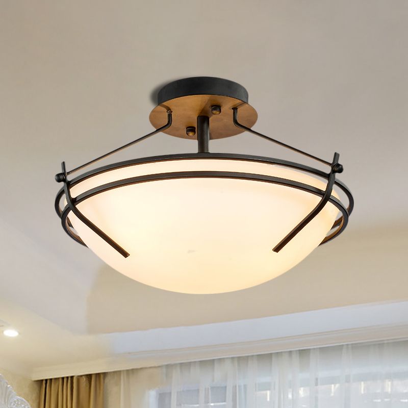 Bowl Bedroom Semi Flush Mount Traditional Opaque Glass 3 Heads Black Ceiling Light Fixture