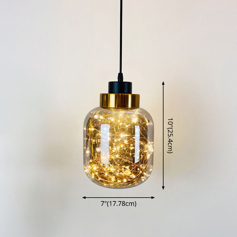 Glazen pot hanglamp lampje armatuur moderne koperen afwerking plafond hang lamp met led string