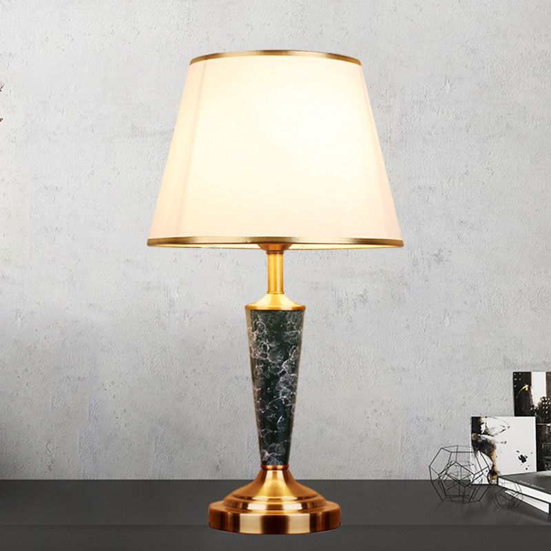 Fabric White Night Table Lamp Flared Shade 1-Head Vintage Style Desk Light with Leaf Design