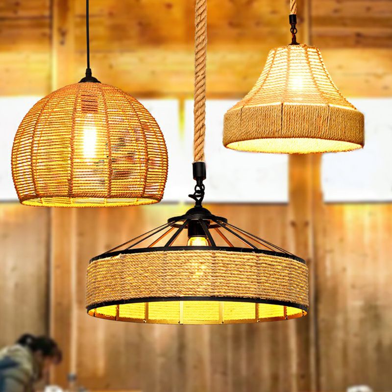 Hemp Rope Shaded Hanging Light Rustic 1 Bulb Restaurant Pendant Light Fixture in Brown