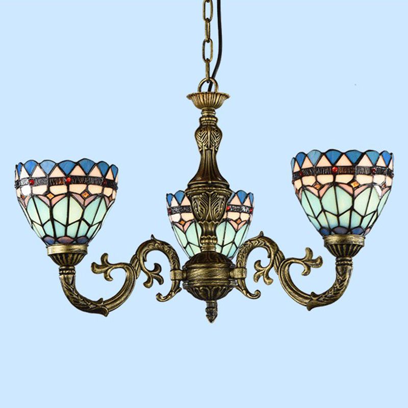 Bronze Finish Chandelier Classic Handcrafted Stained Glass Bell Ceiling Light for Dining Room