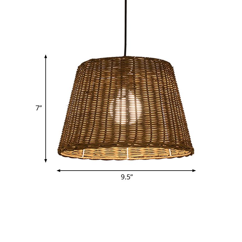 Bucket Shade Hanging Ceiling Light Asian Style Rattan 9.5"/13" Width 1 Light Pendant Lamp in Beige for Dining Room