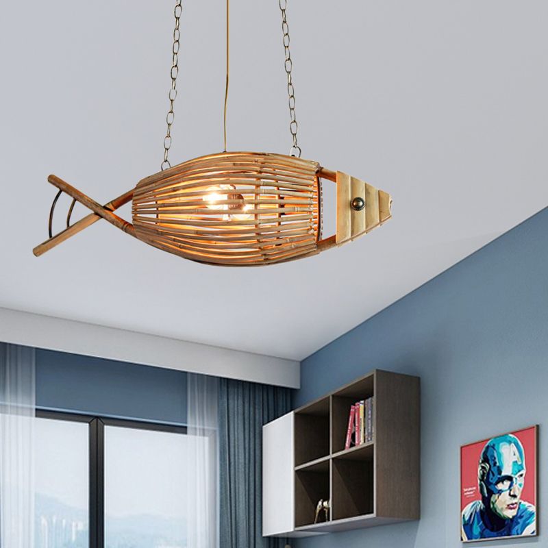 Kuststijl visvormige kroonluchter lichtbarmsel bamboe 1 lichte slaapkamer suspensie lamp in beige