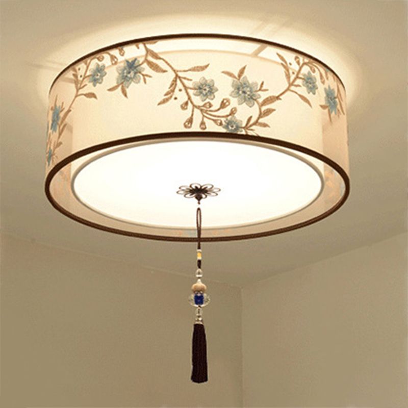 Geometry Shape Ceiling Lamp Tradition Iron Flush Mount with Fabric Lampshade for Hotel