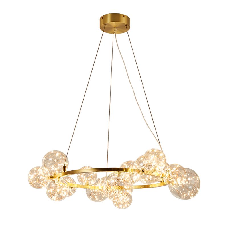 Living Room LED Chandelier Lamp Minimal Gold Pendant Lighting with Orb Clear Glass Shade