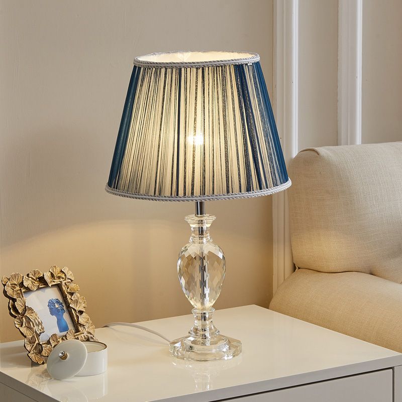 Traditional Pleated Shade Crystal Nightstand Lamp 1 Head Fabric Table Light in Yellow/Blue for Parlor