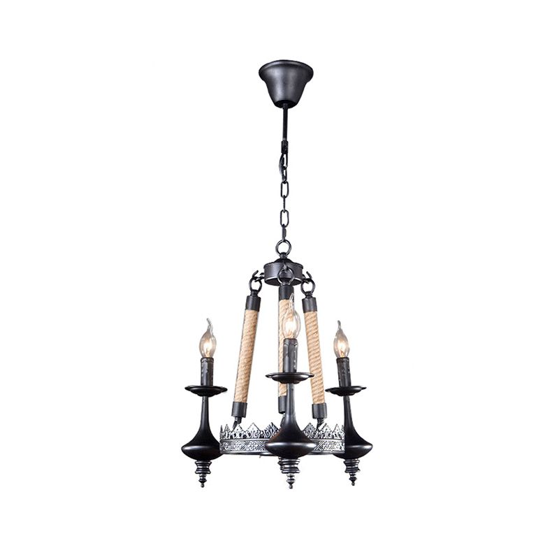 Metal and Rope Pendant Chandelier Rustic 3/6/8 Light Black Candle Dining Room Hanging Ceiling Fixture