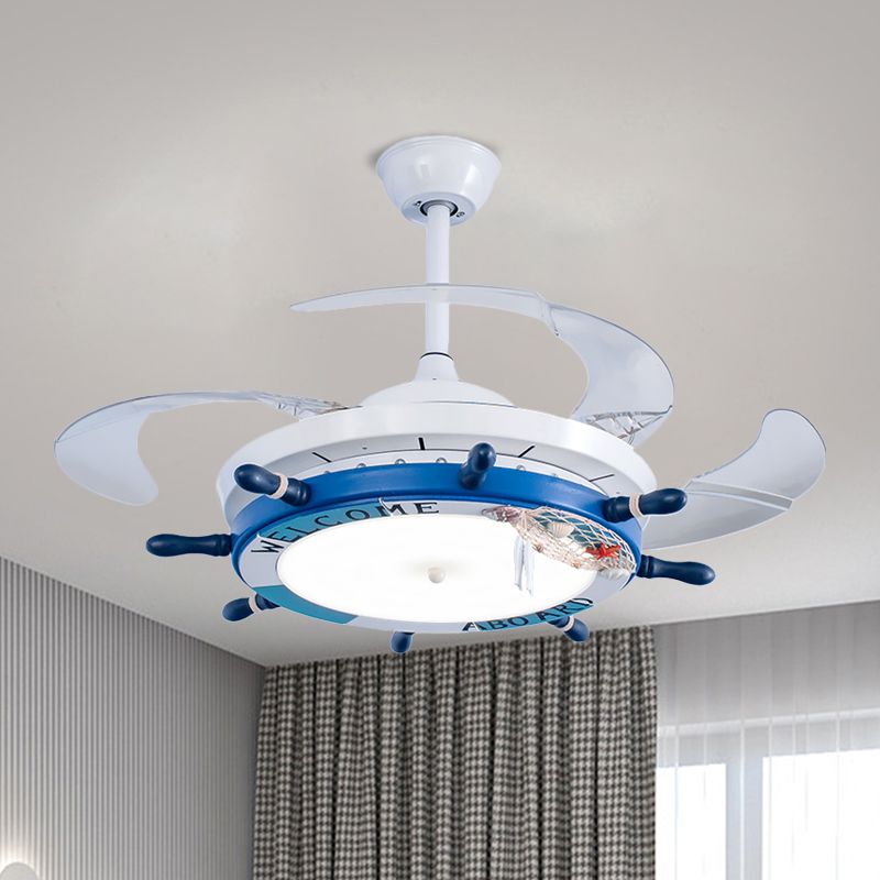 24.5" Wide Wood Rudder Semi Flush Lamp Cartoon Blue/Light Blue LED Pendant Fan Lighting with 3 Clear Blades